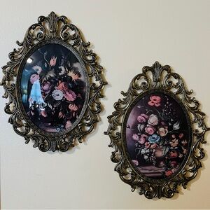 2 MCM PICTURES ITALIAN VTG Victorian Gold Metal Ornament Frames - CONCAVE GLASS